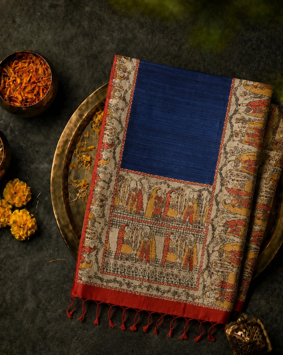 Navy Blue Ghicha Madhubani Saree with Traditional Mithila Art Border & Folk Motif Design