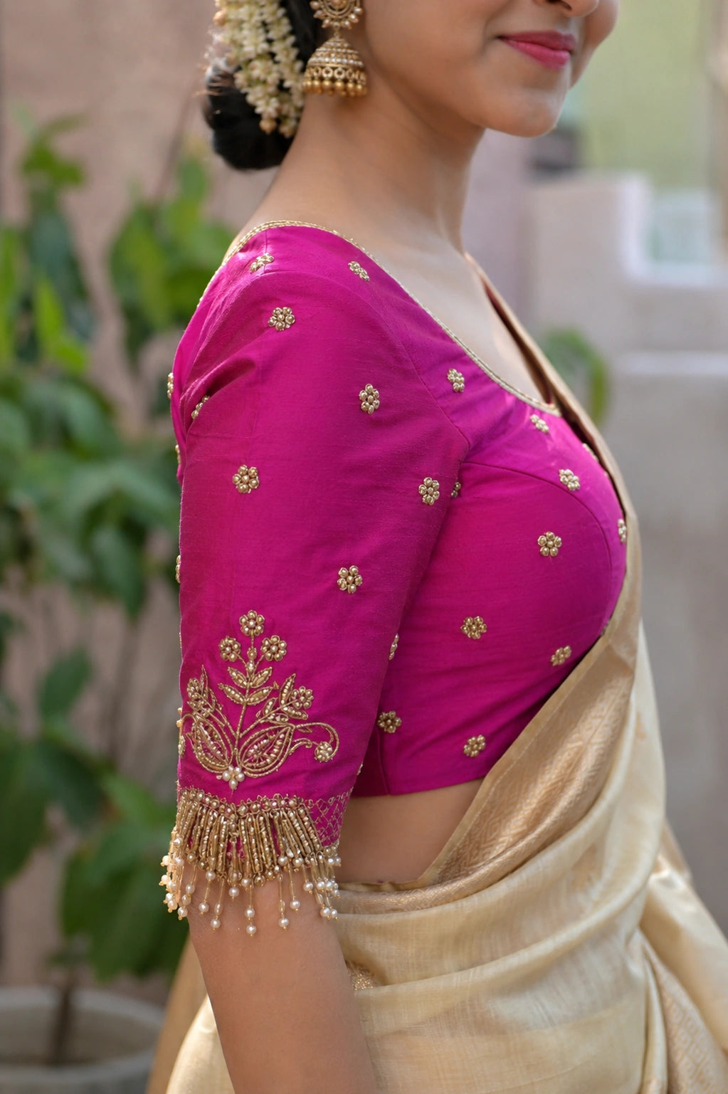 Rani Pink Raw Silk Bridal Ari Work Blouse with Gold Floral Embroidery