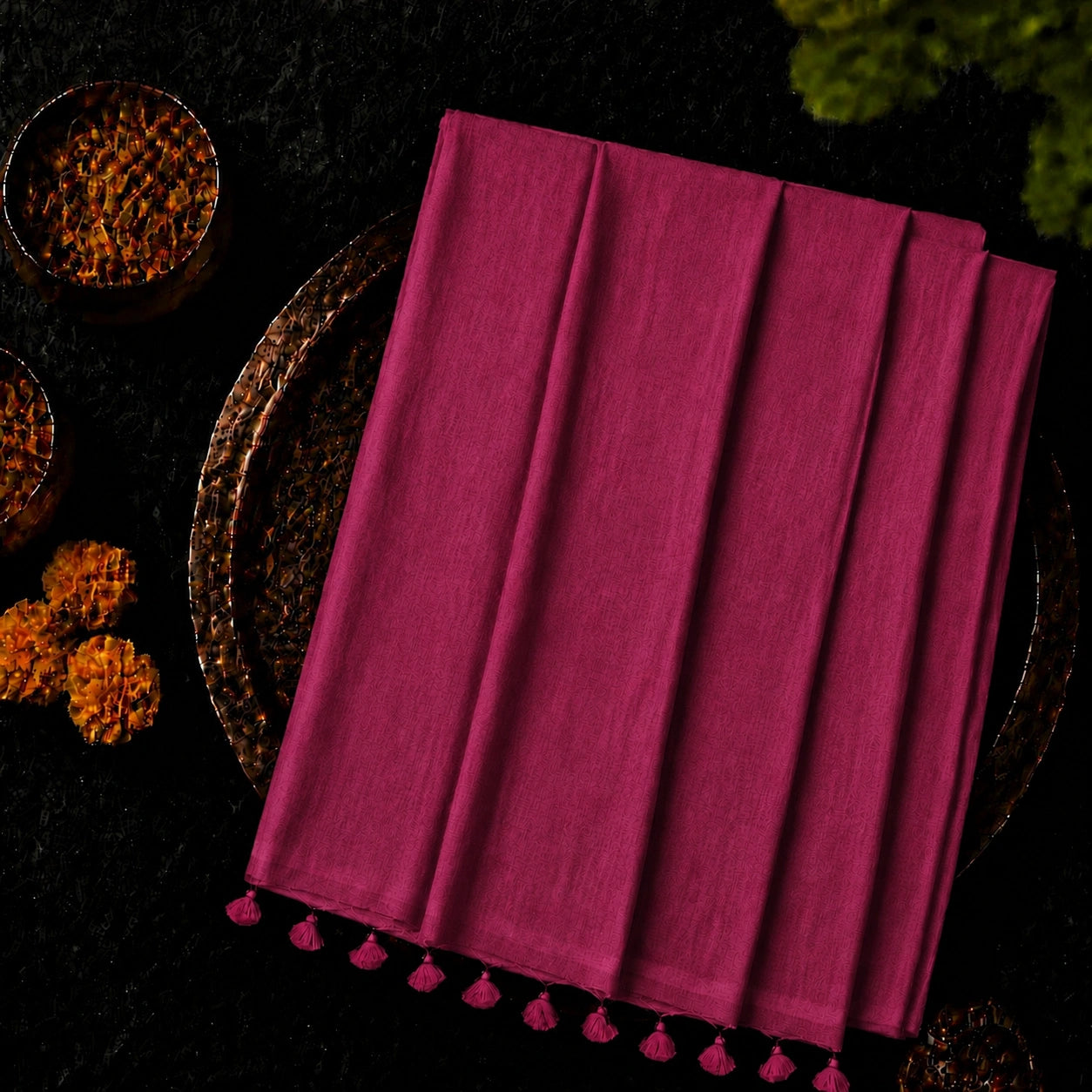 Magenta Solid Color Pure Cotton Saree with Tassel Pallu