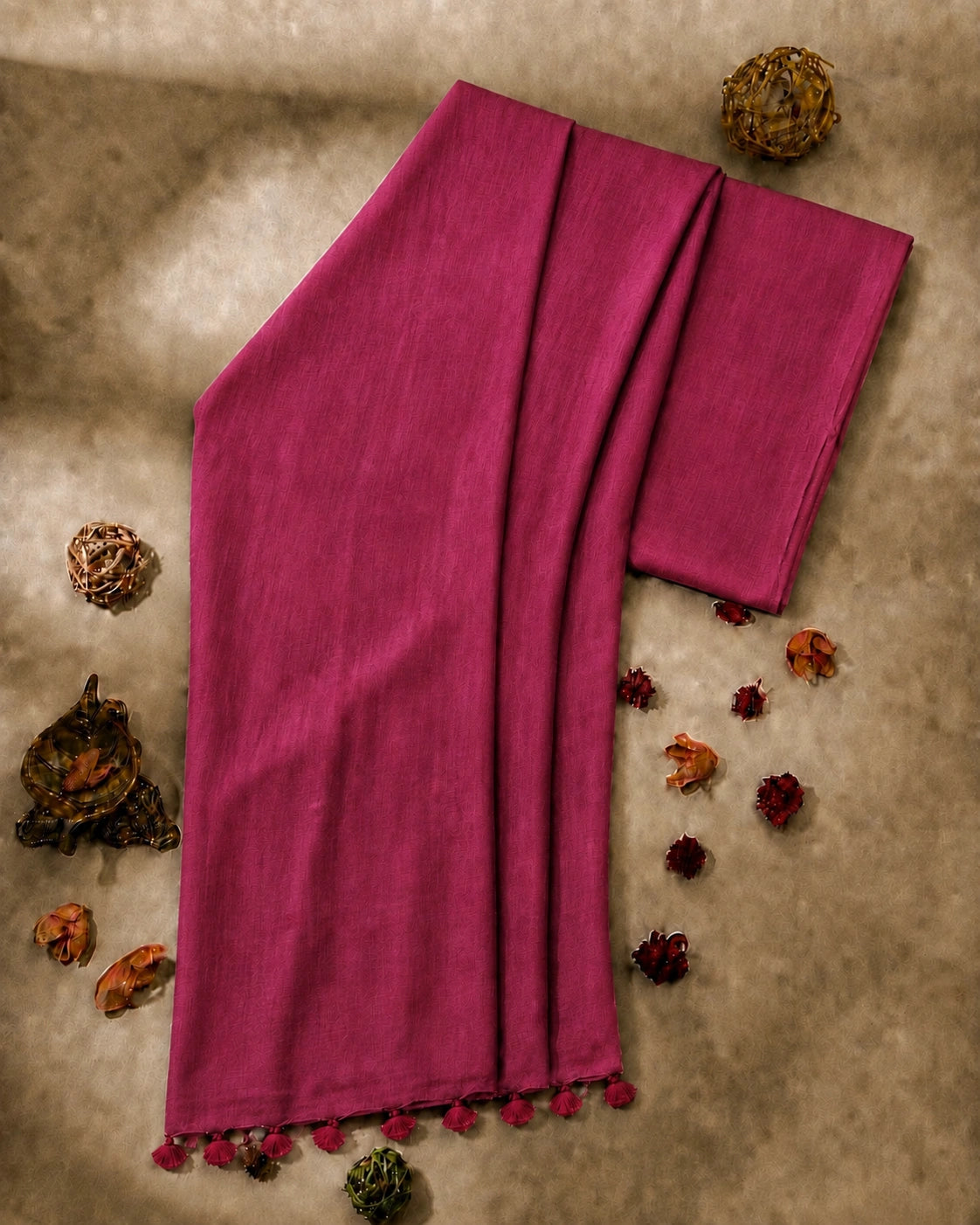 Magenta Solid Color Pure Cotton Saree with Tassel Pallu