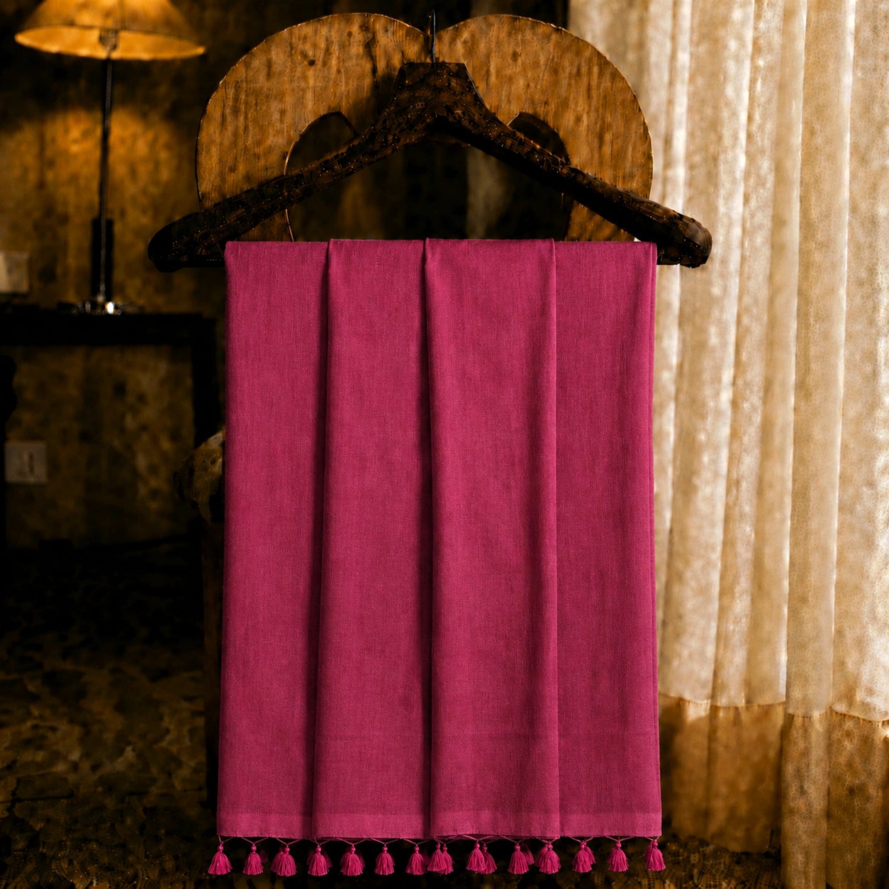 Magenta Solid Color Pure Cotton Saree with Tassel Pallu