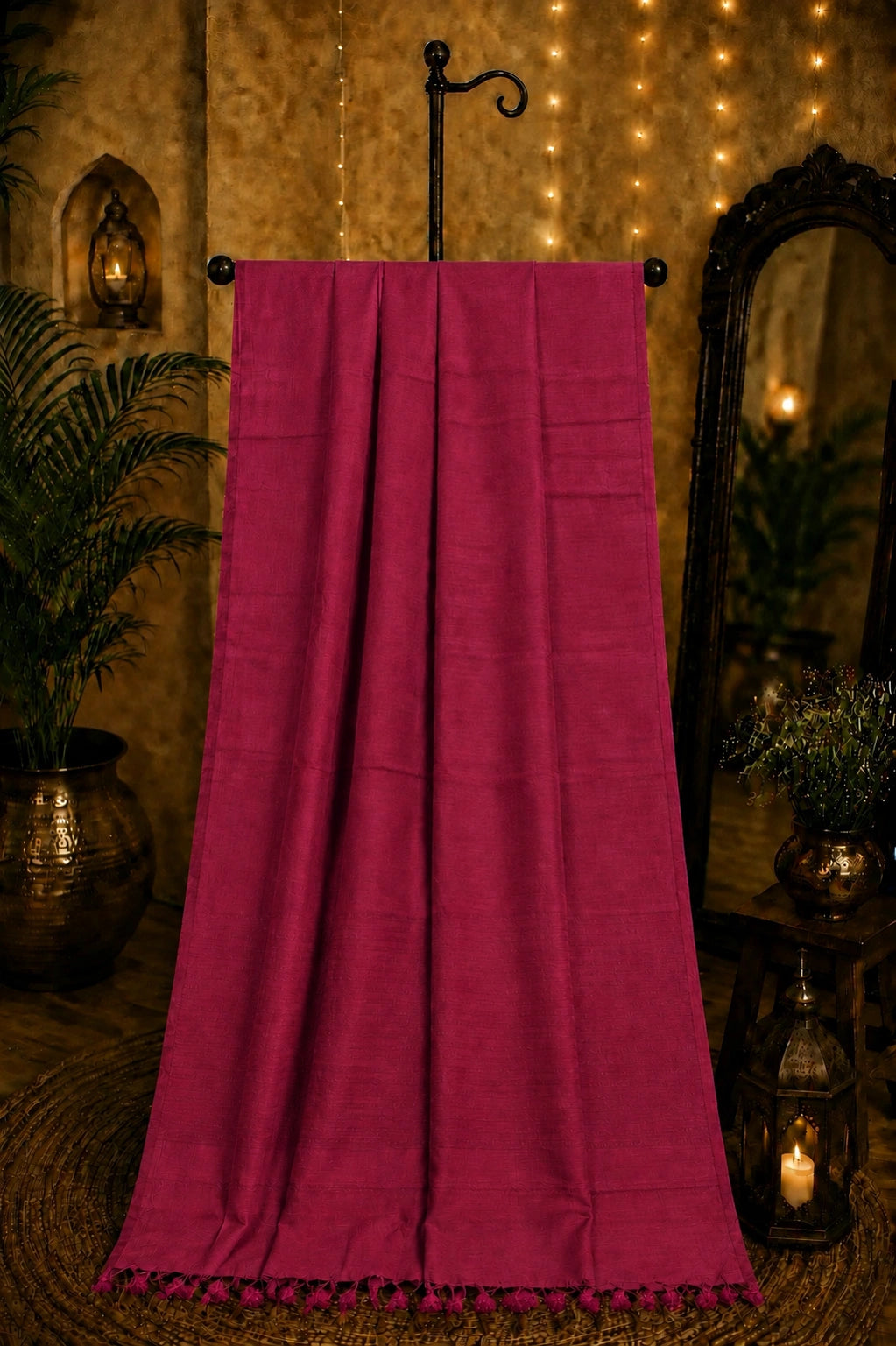 Magenta Solid Color Pure Cotton Saree with Tassel Pallu