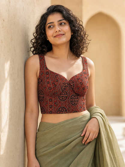 Maroon Ajrakh Printed Designer Blouse on Model