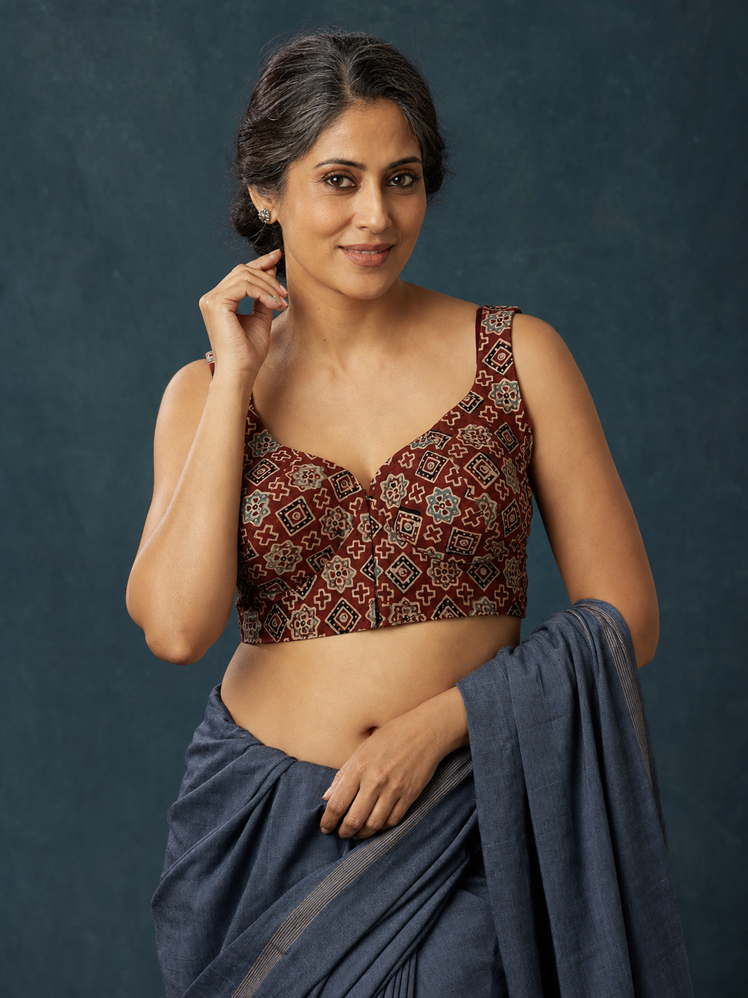 Maroon Ajrakh Sleeveless Cotton Blouse on Model