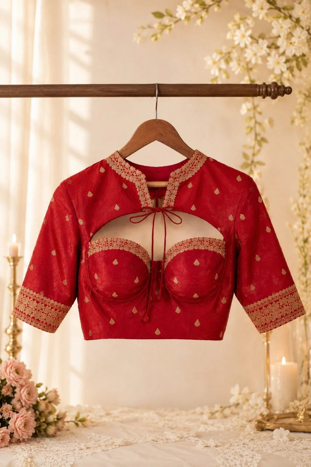Maroon Katanz Banarasi Bralette Blouse with Jacket Style Yoke & Zari Woven Motifs