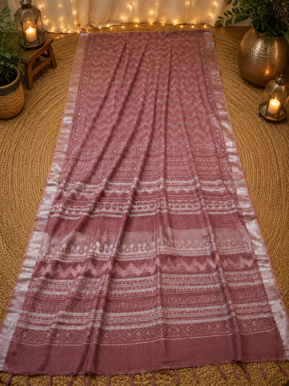 Dusty Rose Linen Bagru Print Saree with Geometric Tribal Motifs & Silver Border