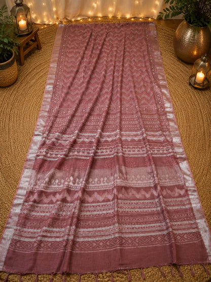 Dusty Rose Linen Bagru Print Saree with Geometric Tribal Motifs & Silver Border