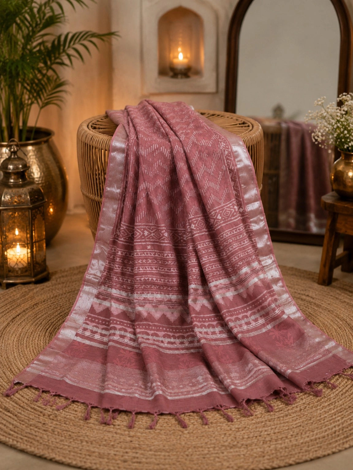 Dusty Rose Linen Bagru Print Saree with Geometric Tribal Motifs & Silver Border