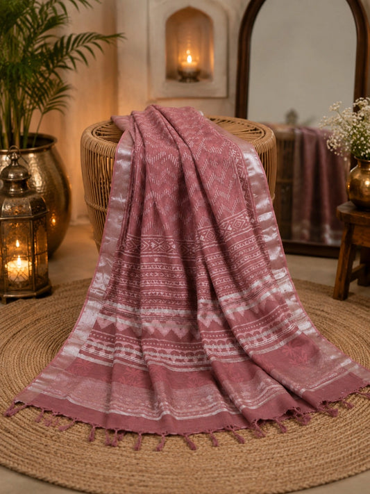 Dusty Rose Linen Bagru Print Saree with Geometric Tribal Motifs & Silver Border
