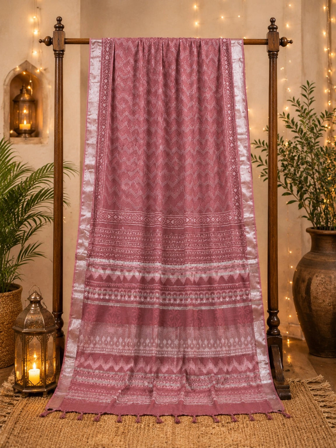 Dusty Rose Linen Bagru Print Saree with Geometric Tribal Motifs & Silver Border
