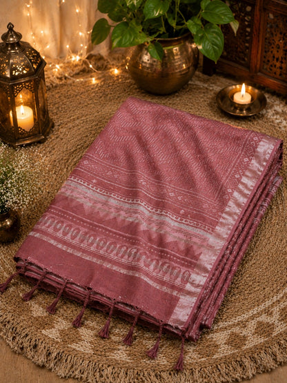 Dusty Rose Linen Bagru Print Saree with Geometric Tribal Motifs & Silver Border