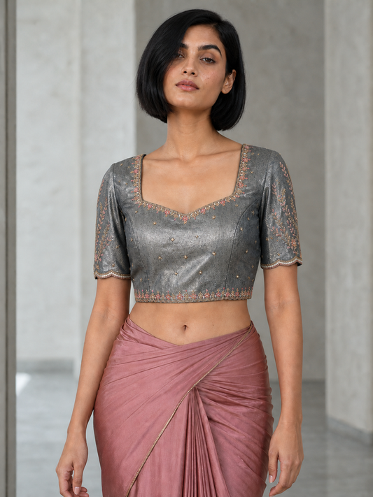 Metallic Grey Tissue Ari Work Blouse on Model with Correct Straight Sleeves