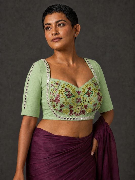 Mint Green Mirror Work Blouse on Model with Longer Semi-Fitted Sleeves