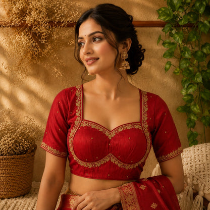 Bridal Ari Work Raw Silk Maroon Blouse for Women Embroidered Sweetheart Neck Wedding Blouse