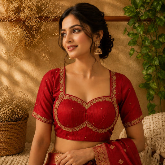 Bridal Ari Work Raw Silk Maroon Blouse for Women Embroidered Sweetheart Neck Wedding Blouse