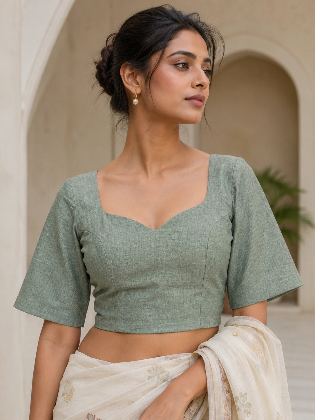 Sage Green Cotton Sweetheart Neck Blouse with Flared Elbow Sleeves