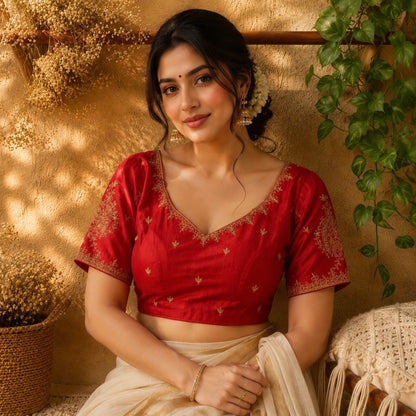 Maroon Raw Silk Bridal Ari Work Embroidered Blouse for Women V-Neck Festive Ethnic Wear