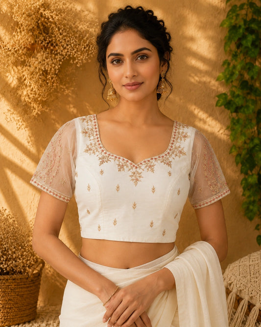 White Raw Silk Zardozi Embroidered Blouse with Sheer Net Sleeves