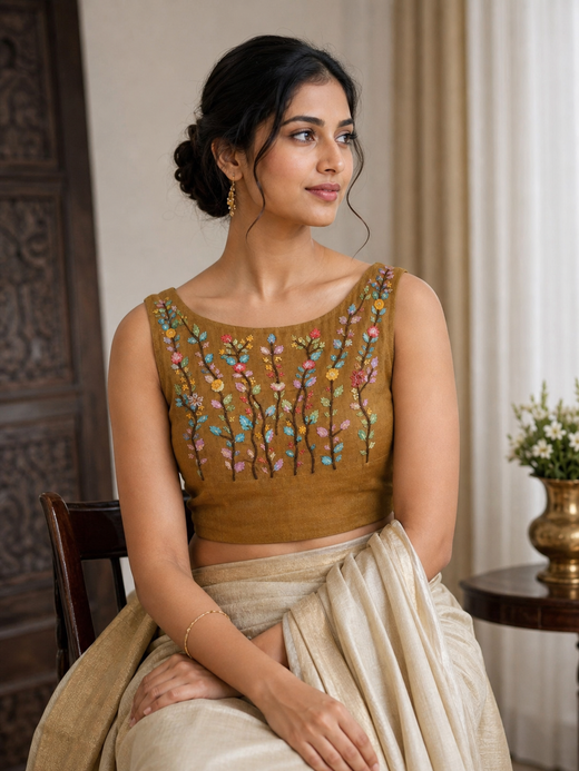 Mustard Brown Pure Cotton Multicolor Floral Thread Work Sleeveless Blouse on model