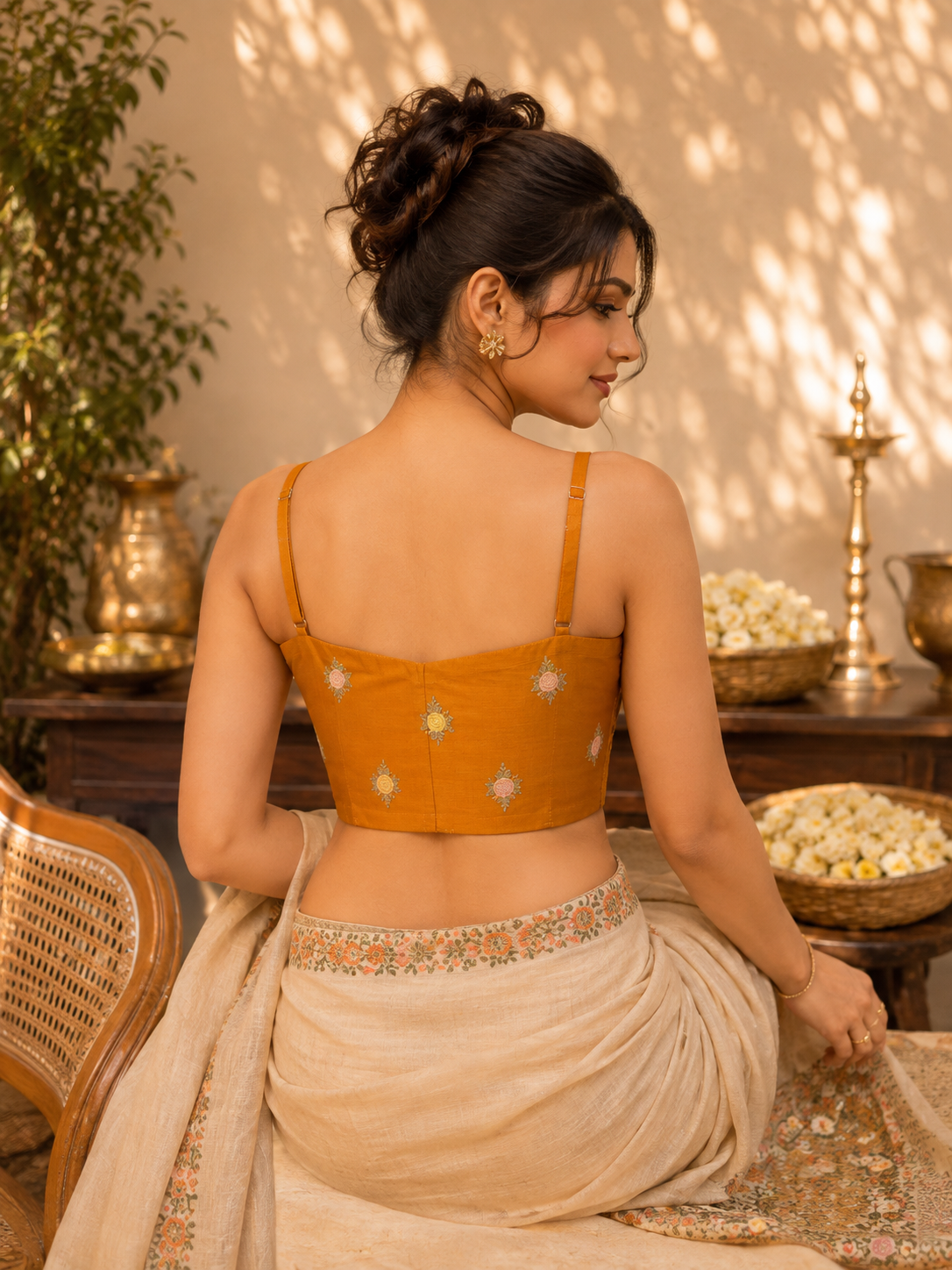 Mustard Cotton Embroidered Shoulder Strap Blouse with Floral Thread Motifs for Festive & Ethnic Wear
