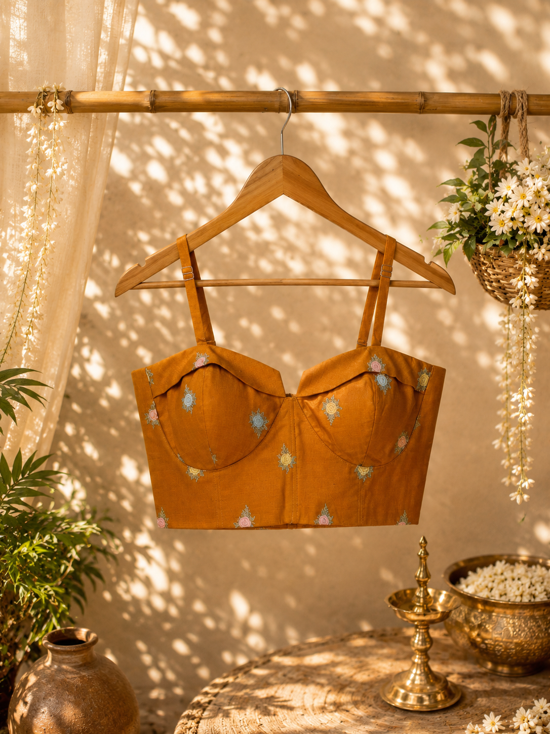 Mustard Cotton Embroidered Shoulder Strap Blouse with Floral Thread Motifs for Festive & Ethnic Wear
