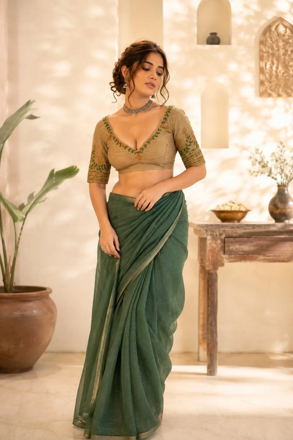 Mustard Golden Cotton Thread Work Embroidered Blouse image 2