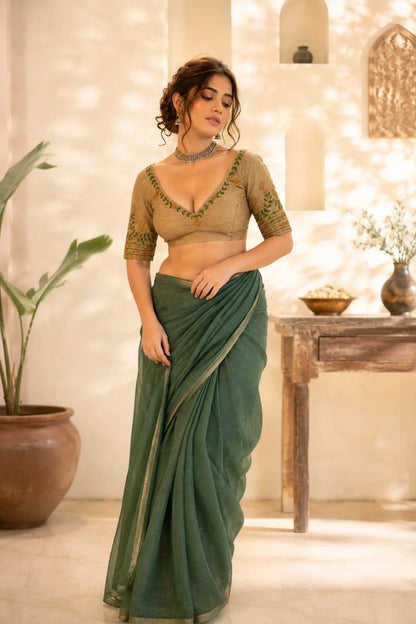 Mustard Golden Cotton Thread Work Embroidered Blouse image 2