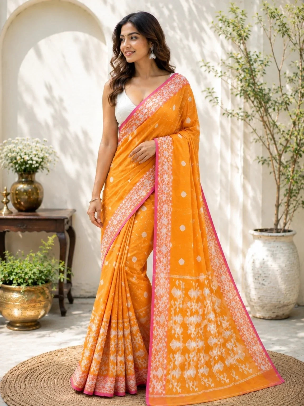 Mustard Orange Muslin Jamdani Saree model image