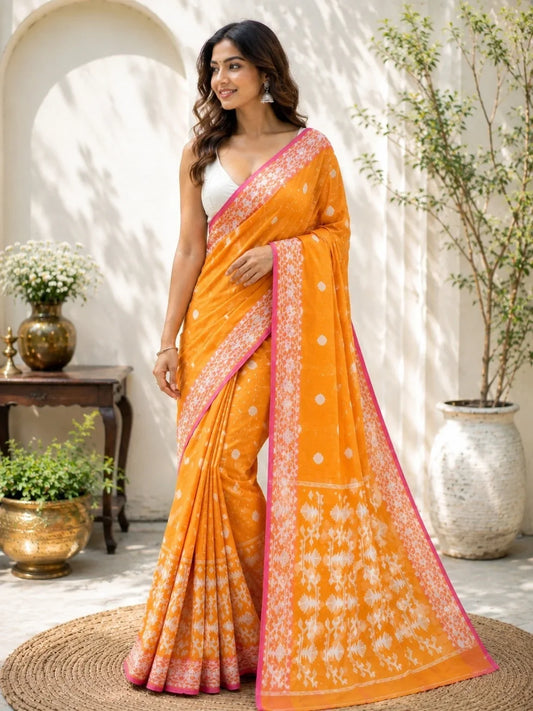Mustard Orange Muslin Jamdani Saree model image