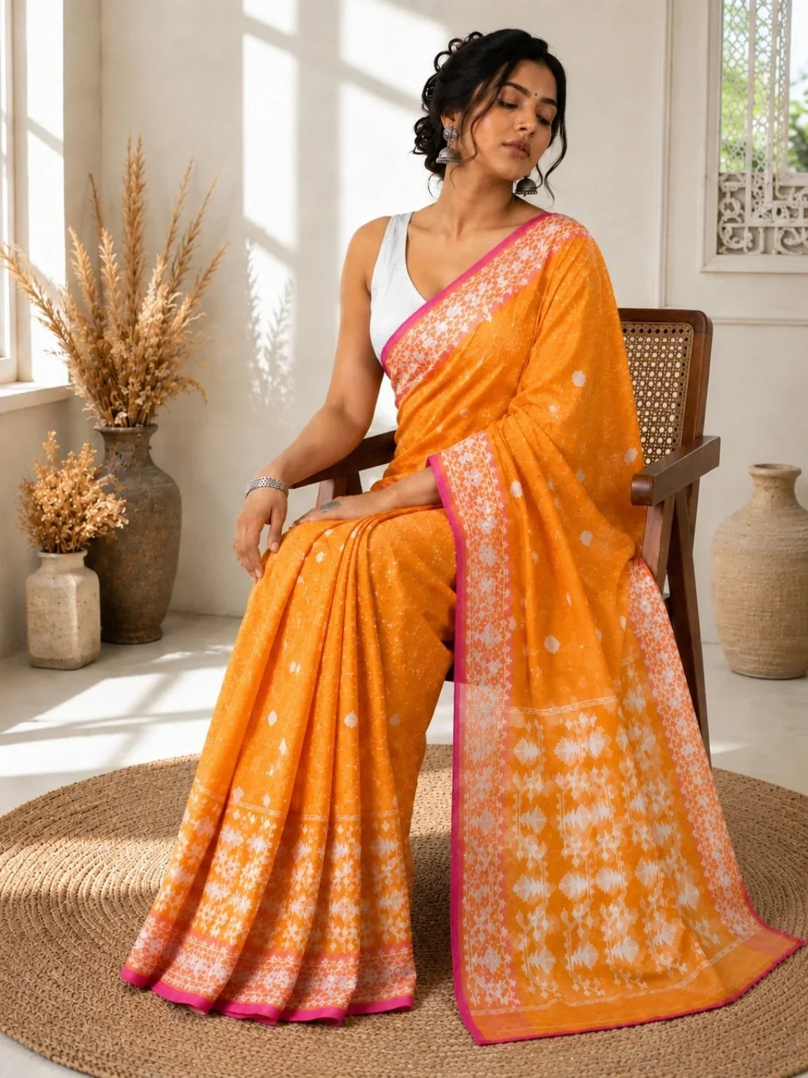 Mustard Orange Muslin Jamdani Saree image 2