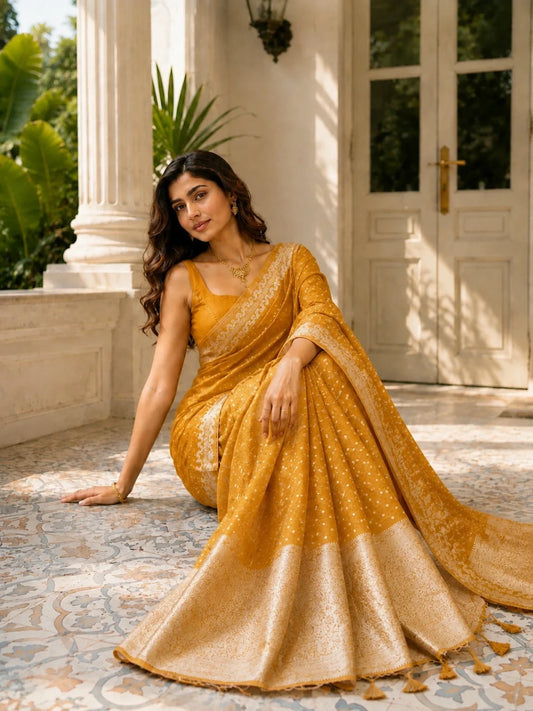 Mustard Yellow Satin Mashru Silk Saree with Woven Silver Zari Border & Buti Design Festive Ethnic Wear