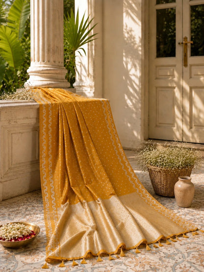 Mustard Yellow Satin Mashru Silk Saree with Woven Silver Zari Border & Buti Design Festive Ethnic Wear