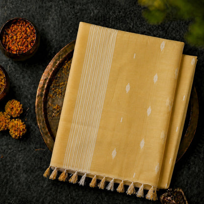 Mustard Yellow Pure Mul Cotton Hand Weaving Jamdani Buta Saree with White Woven Motifs