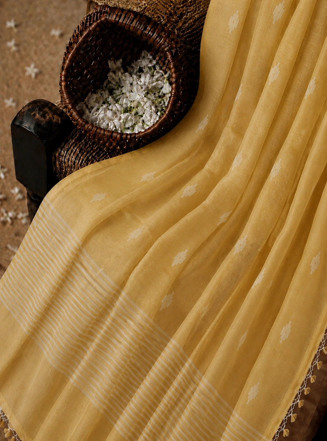Mustard Yellow Pure Mul Cotton Hand Weaving Jamdani Buta Saree with White Woven Motifs