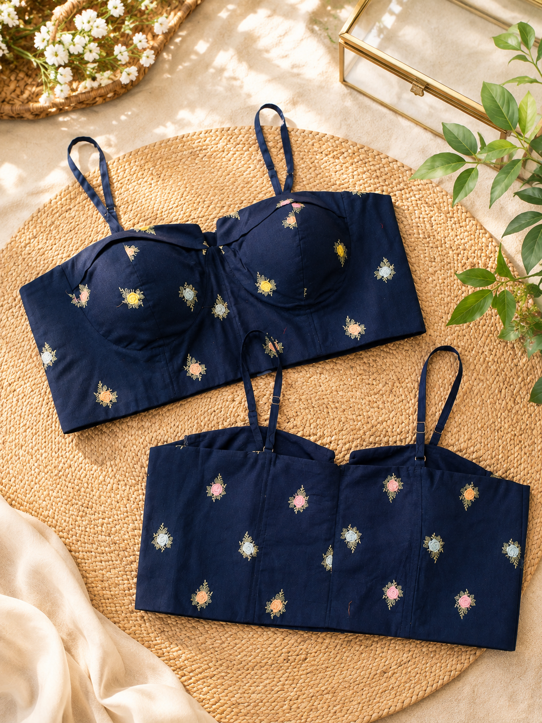 Navy Blue Cambric Cotton Embroidered Shoulder Strap Bustier Blouse with Multicolor