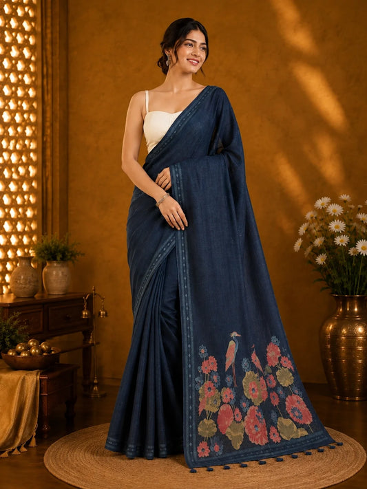 Navy Blue Tussar Boutique Saree with Lotus Pond & Heron Nature Artwork Border