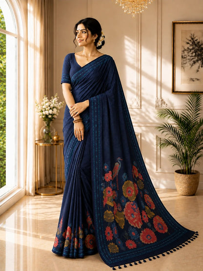 Navy Blue Tussar Boutique Saree with Lotus Pond & Heron Nature Artwork Border