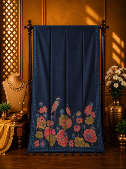 Navy Blue Tussar Boutique Saree with Lotus Pond & Heron Nature Artwork Border