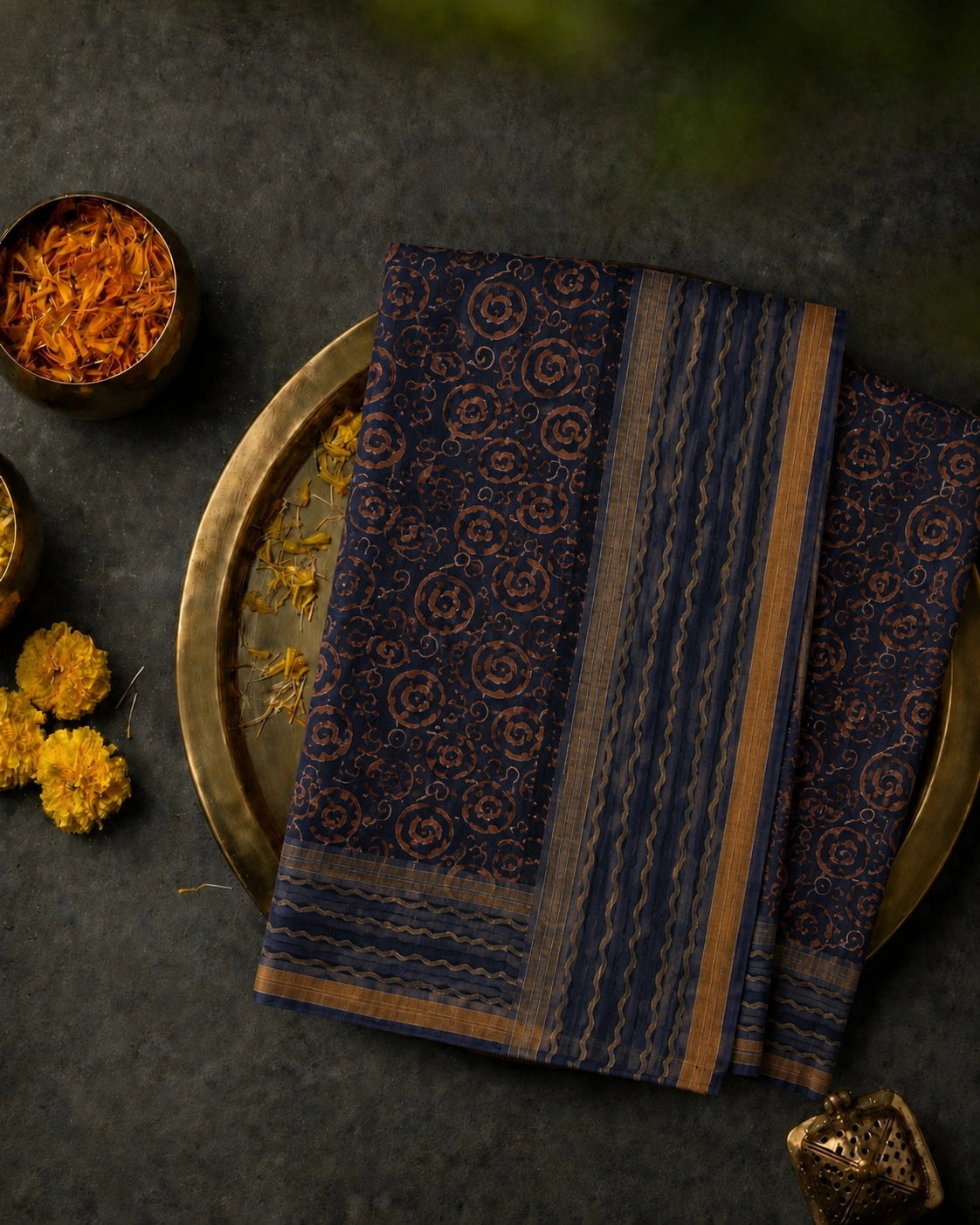 Navy Blue Kota Doria Hand Block Print Saree with Spiral Motif Design & Wavy Border