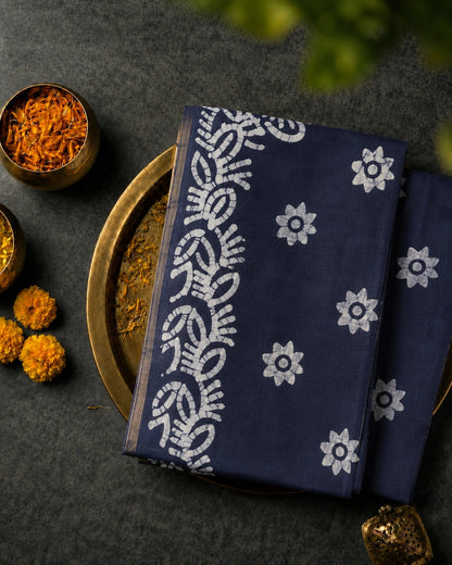 Navy Blue Bagru Print Silk Saree with White Floral Motifs and Traditional Border