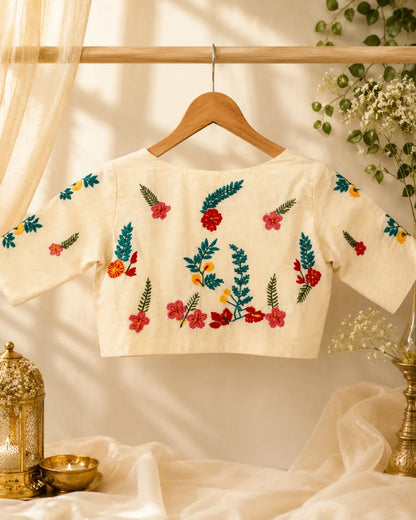 Off White Handwork Glass Sleeve Boat Neck Blouse product image