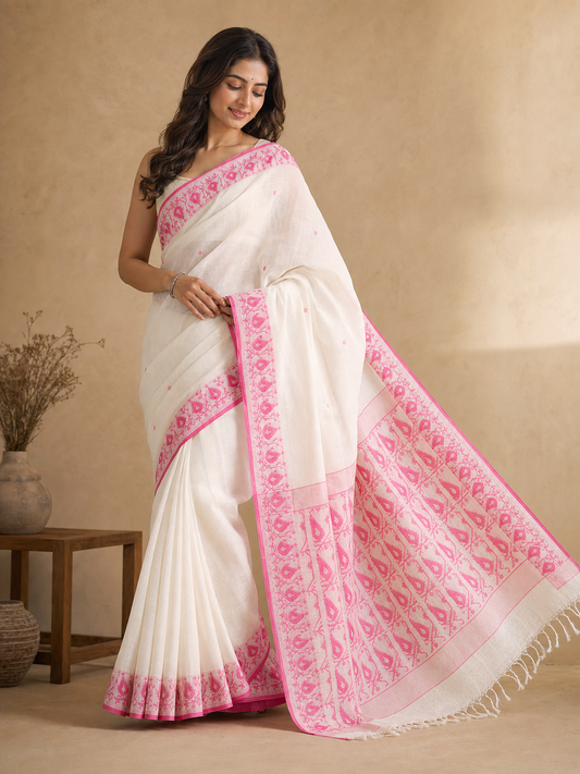 Off White Kota Jamdani Saree with Pink Woven Traditional Border and Rich Pallu on model