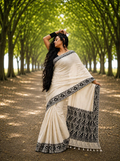 Off-White Kota Jamdani Saree with Grey Woven Floral Vine Border & Traditional Tassels