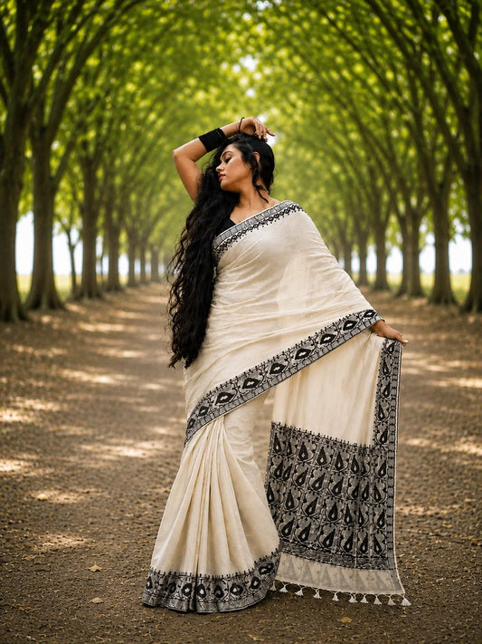 Off-White Kota Jamdani Saree with Grey Woven Floral Vine Border & Traditional Tassels