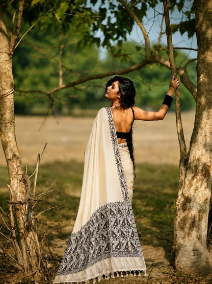Off-White Kota Jamdani Saree with Grey Woven Floral Vine Border & Traditional Tassels