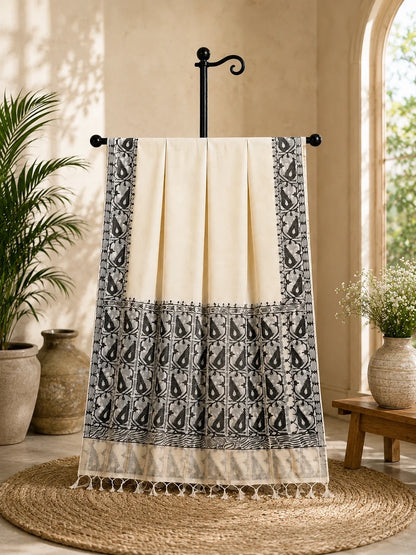 Off-White Kota Jamdani Saree with Grey Woven Floral Vine Border & Traditional Tassels