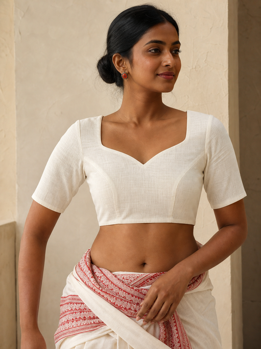 Off-white cotton blend sweetheart-neck blouse worn by model