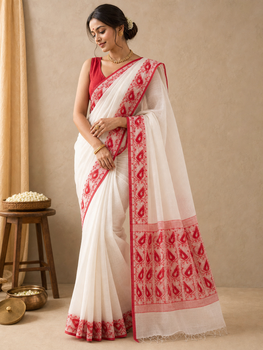 Off White and Red Kota Jamdani Saree with Traditional Woven Temple Border on model