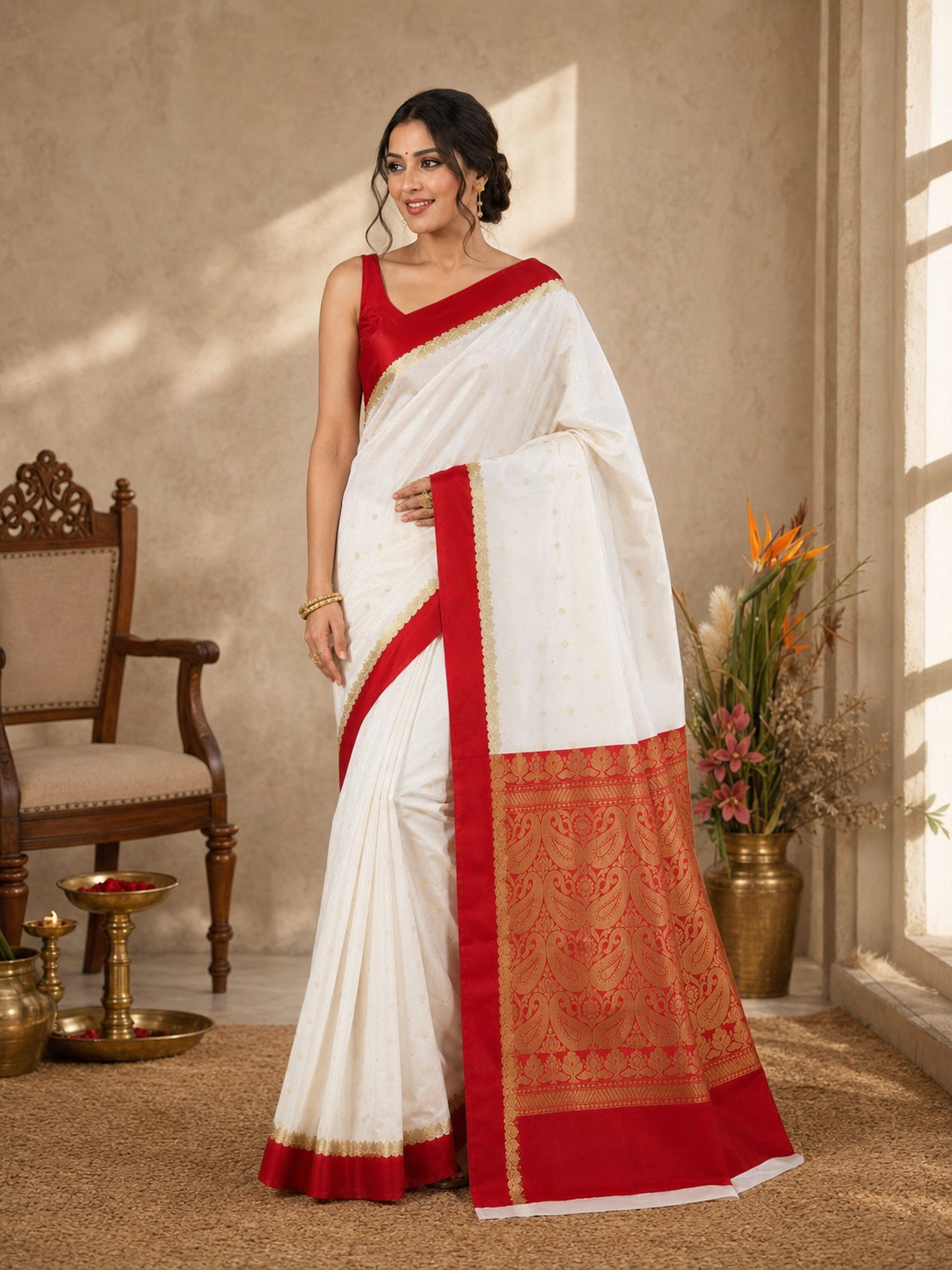 Off White Semi Katan Buta Saree with Red Zari Woven Floral Paisley Border on model
