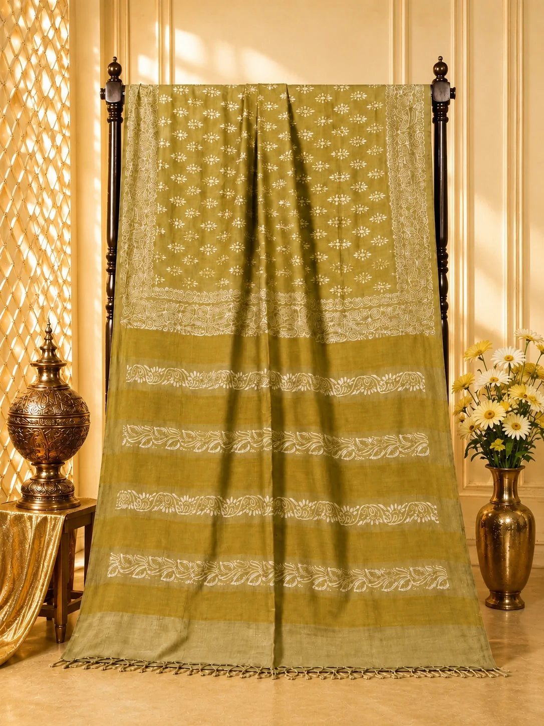 Olive Beige Tussar Batik Saree image 2